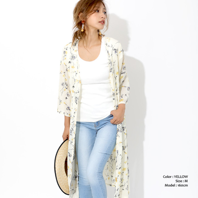 花柄七分袖シフォンロングガウン カーディガン フラワー柄 ノスタルジックな花柄プリント ロングシフォンガウン Lucia