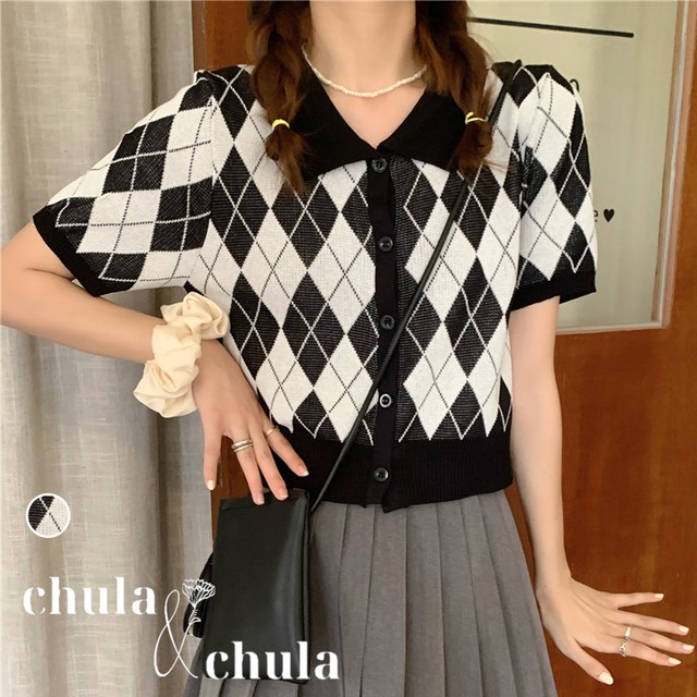 大きいサイズ レディース韓国ファッション カーディガン ニット 半袖 アーガイル レトロ Ch1575 大きいサイズ韓国レディースファッション 大きいサイズぽっちゃりオルチャンファッション Chulachula