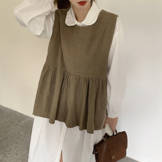 セットアップ 2点セット シャツワンピース 丸襟 長袖 ドロップショルダー ミモレ丈 ロング丈 フレア Aライン ゆったり 無地 ベスト Pa2775 Mahha Planet