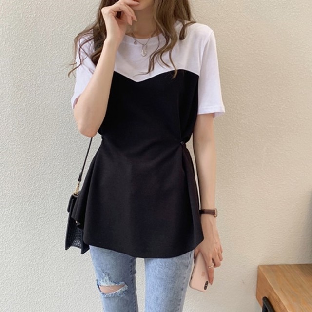 チュニック Tシャツ 夏服 レディース 韓国 ファッション レディース 夏トップス 切り替えトップス 大人可愛い トップス レディース 春夏 カラーブロック 体型カバー チュニック トップス Vestito