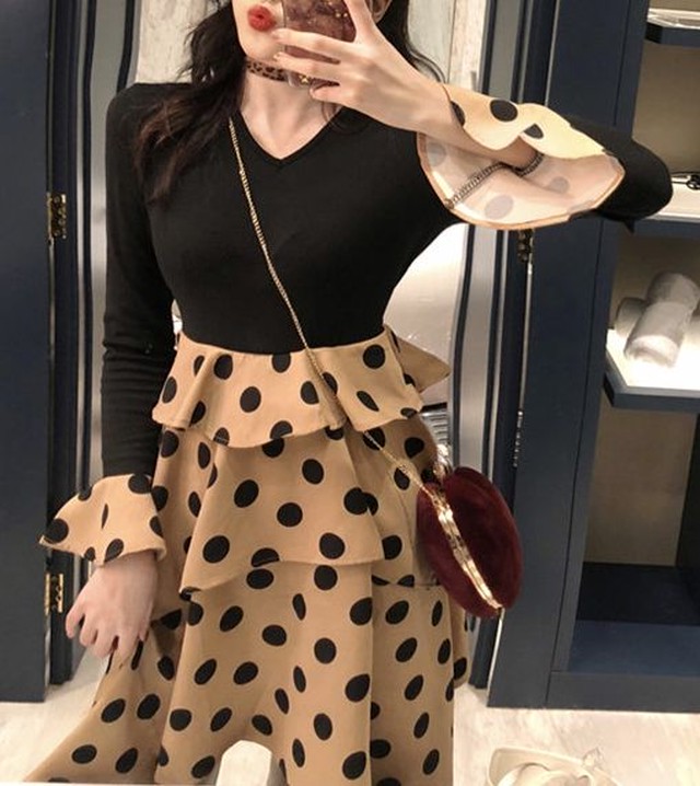 ワンピースドレス パーティードレス 結婚式 二次会 ワンピース シャツワンピース 長袖 ドット柄 ティアードスカート Jm3024 ワンピの里