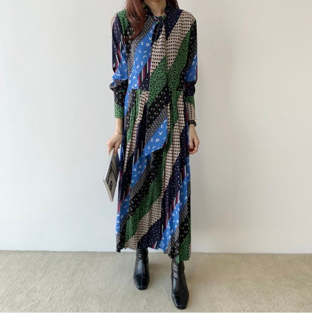 ワンピース ロングワンピース ロング丈 マキシ丈 長袖 ボウタイ 派手 ドット 英字 エレガント 大人 きれいめ パーティー お呼ばれ Preirie East プレイリー イースト