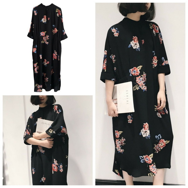 レトロワンピース 花柄 ロング丈 5分袖 春夏 シフォン Jasmine