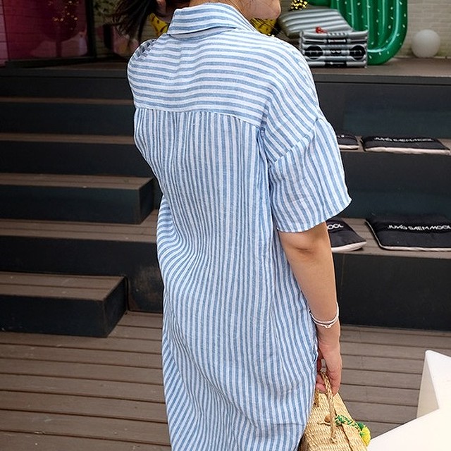シャツワンピース ワンピース きれいめ コーデ 40代 50代 30代 シャツワンピ 半袖 ストライプ ロング丈 ミモレ丈 スリット ロングテール きれいめ 代 デート おしゃれ 大人 可愛い Dress No Sato