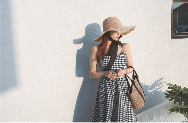 ギンガムチェック リゾート ワンピース キャミワンピ ノースリーブ ミモレ丈 ロング デート服 夏服 旅行 夏 大きいサイズ 可愛い ビーチワンピ F068 Hollysresort