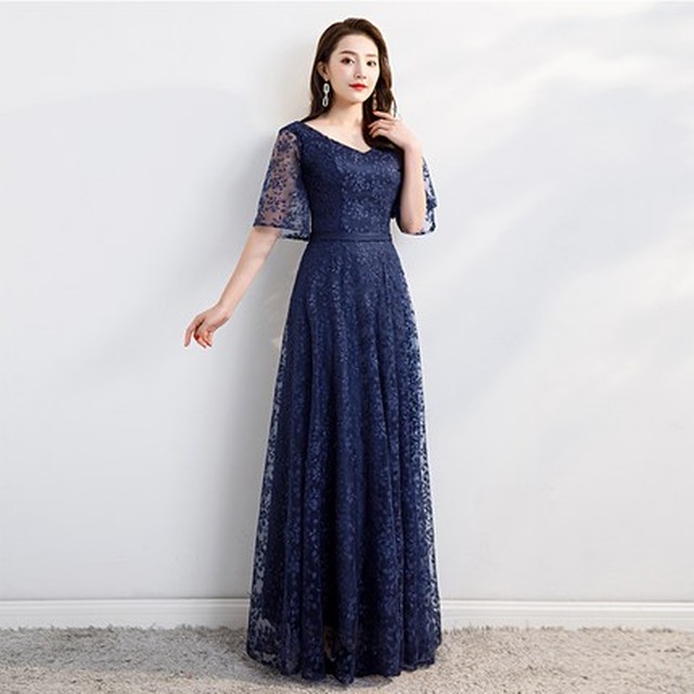 ロングドレス レースワンピース レース袖 ネイビー マキシワンピース 花柄 ウエストマーク 大きいサイズ パーティー フォーマル Ptnym1026 Dress Suba