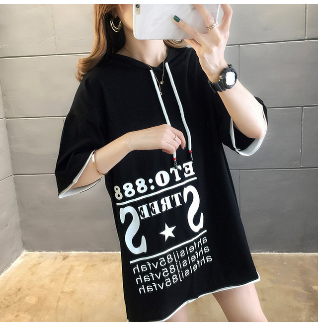 夏の女性のの新しいミドル丈のルーズネットの赤いtシャツレディースインスーパーファイアーcec半袖フード付きトップ Rurv