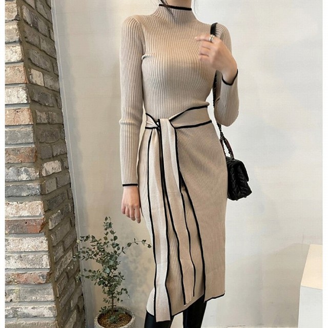 ニットワンピ ニットワンピース 40代 ロング タイト コーデ 50代 30代 膝下丈 長袖 リブニット ハイネック およばれ ウエストマーク きれいめ おしゃれ 春 ワンピの里