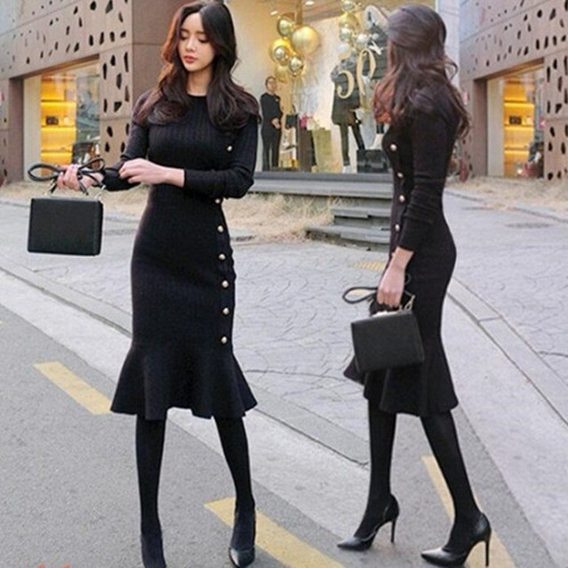 マーメイドライン ニット ワンピース きれいめ スレンダー タイトワンピース フィッシュテールスカート Rondorire ロンドリール