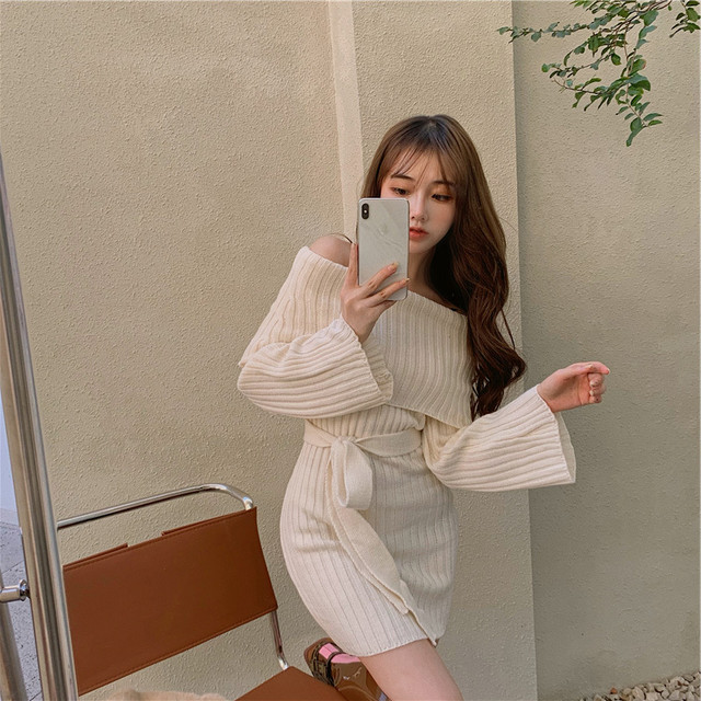 ニットワンピース ミニ丈 ワンピース オフショルダー 長袖 ウエストリボン セクシー ガーリー デート お出かけ Mh2525 Valentina210