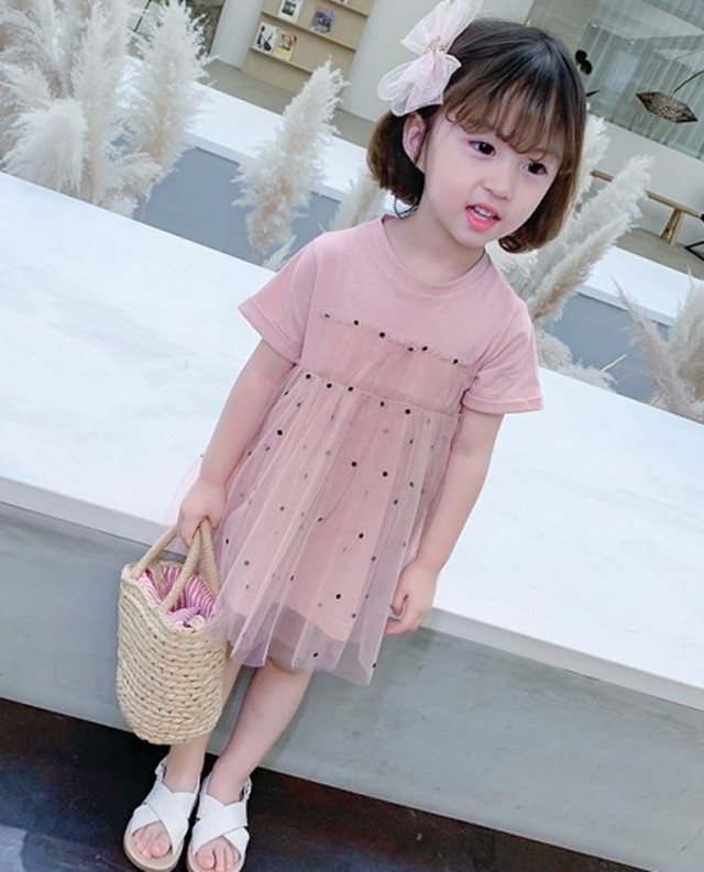 子供服 女の子 ワンピース キッズ かわいい ラウンドネック 半袖 ドット柄 水玉 レース 切替え チュール Tシャツ ワンピース 春 夏新作 春服 夏服 Sale 子供服 女の子 ワンピース キッズ Leaflower 001 リーフラワー レディースファッション専門店