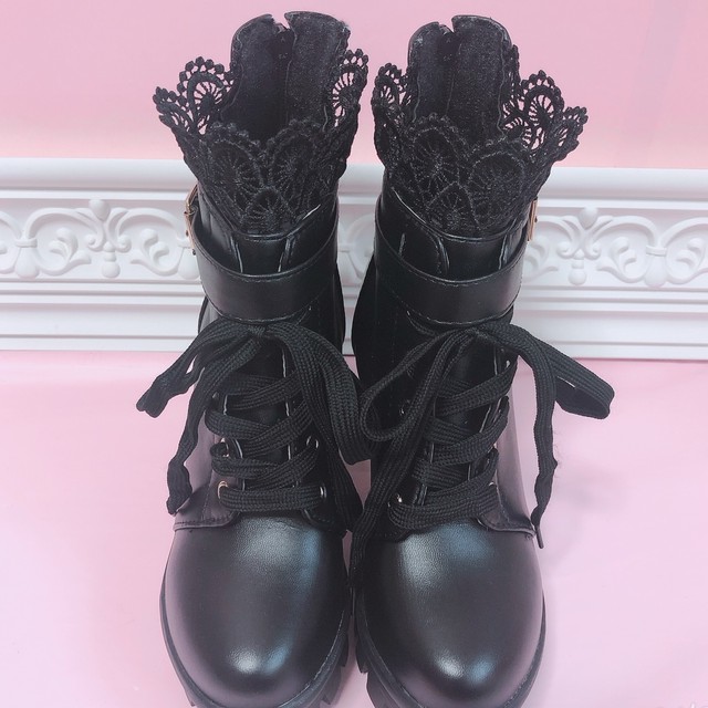 レースフリル ベルト付き厚底ブーツ 量産型 地雷 Princesshyatt 量産型地雷系原宿系パンクストリートブラック韓国系厚底リュック