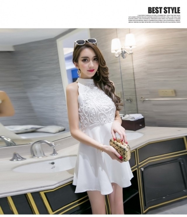 コードレースとプチハイネックのノースリーブフレアミニワンピース Sサイズ Xlサイズ As01 ドレス ワンピース専門店 Lady S Labo Dress レースプチプラパーティー結婚式二次会ファッション体系カバー