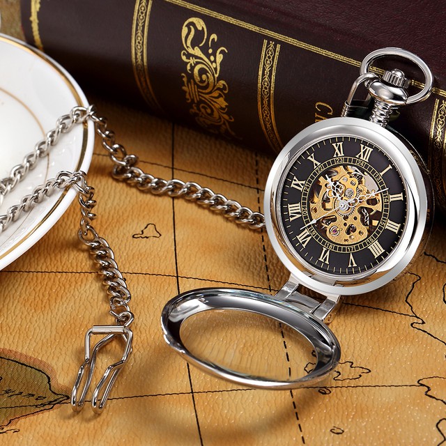 Orkina新ブランドステンレス鋼男性ファッションカジュアル懐中時計スケルトンブルーダイヤル手風機械式男性フォブチェーン時計 Black Braverybase