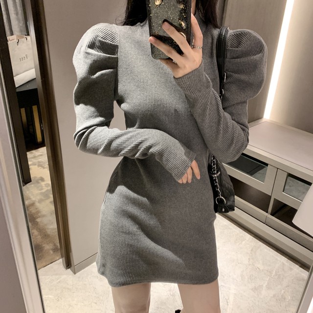 送料無料 2色 ワンピース 長袖ワンピース 長袖 パワーショルダー パワショル ミニワンピース ミニ丈 ショート丈 タイトワンピース タイト スリム フィット ハイネック くびれ セクシー 無地 シンプル 大人 上品 きれいめ エレガント デート お出かけ 春 秋 グレー