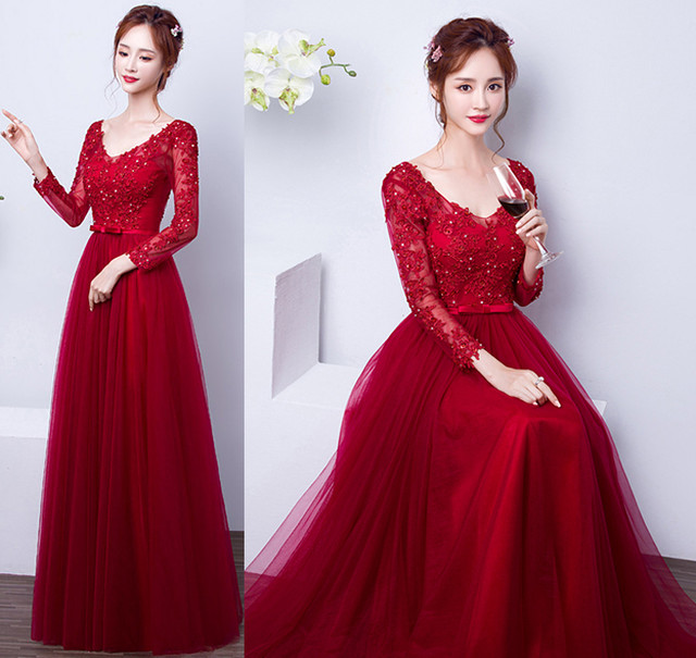 長袖透け感フレアパーティードレス 赤 発表会 演奏会 結婚式 Chartreuse