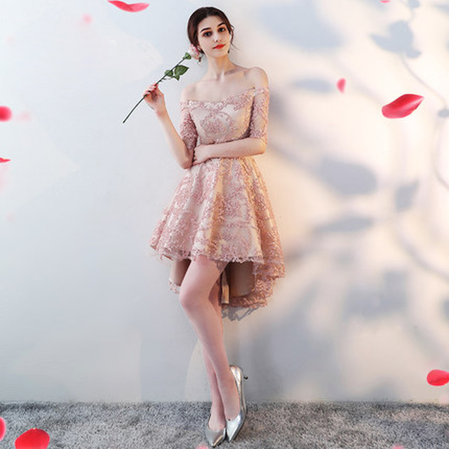 フリル総レース フィッシュテール フレアミニ パーティドレス ピンク ノースリーブs オフショルダー五部袖s オフショル 6048 ブライズメイド パーティードレス専門店glitter Glamour グリッターグラマー