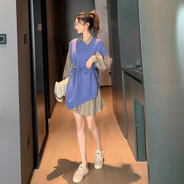 送料無料 2色 ニットベスト シャツワンピース セットアップ 2点セット ツーピース レイヤード 重ね着 トップス ニット ベスト ノースリーブ アシンメトリー アシメ ウエストマーク ウエスト リボン りぼん 無地 シンプル ワンピース 長袖ワンピース シャツワンピ フレア