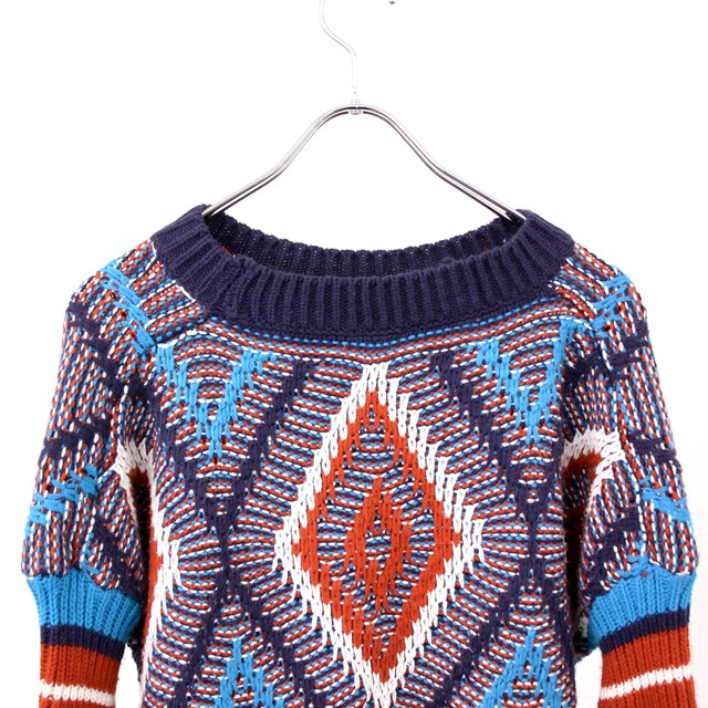 1334 Anonymous Design Crop Knit ネイビー 水色 オレンジ デザイン クロップニット レディース古着 Peecan