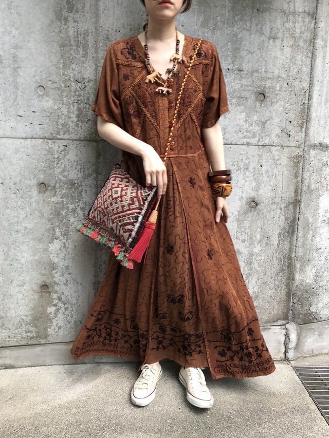 70s Moroccan Black Embroidery Dress ヴィンテージ ブラック 刺繍 モロッカン モロッコ ワンピース Riyad Vintage Shop