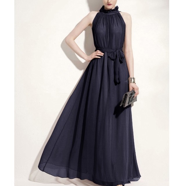 ロングワンピース マキシ丈 アメリカンスリーブ シフォン 春夏 きれいめエレガント ハイネック ボトルネック リボン W066 La Vie En Rose