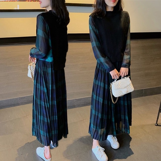 重ね着風ロングチェックワンピース ワンピース ロング丈 重ね着風 チェック柄 秋冬 プリーツ デート 女子会 韓国 オルチャン 韓国レディースファッション通販 ポワン