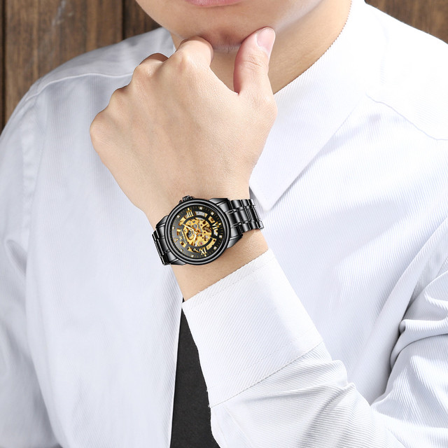 Fngeenメンズ高級ゴールド機械式腕時計男性ステンレス鋼自動スケルトン機械式時計男性モントレレロジオ Gold Braverybase