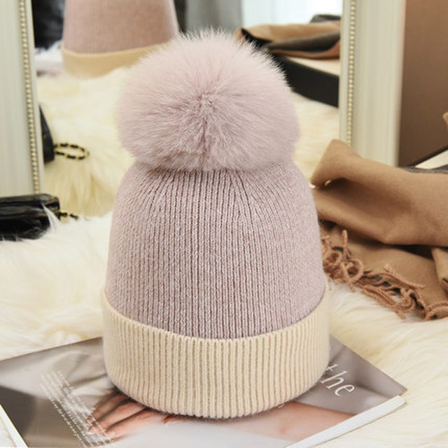 秋冬物 ニット帽 バイカラーニット帽 ファー付きニット帽 フォックスファー ポンポン 帽子 ニット お出掛け デート Magnifique