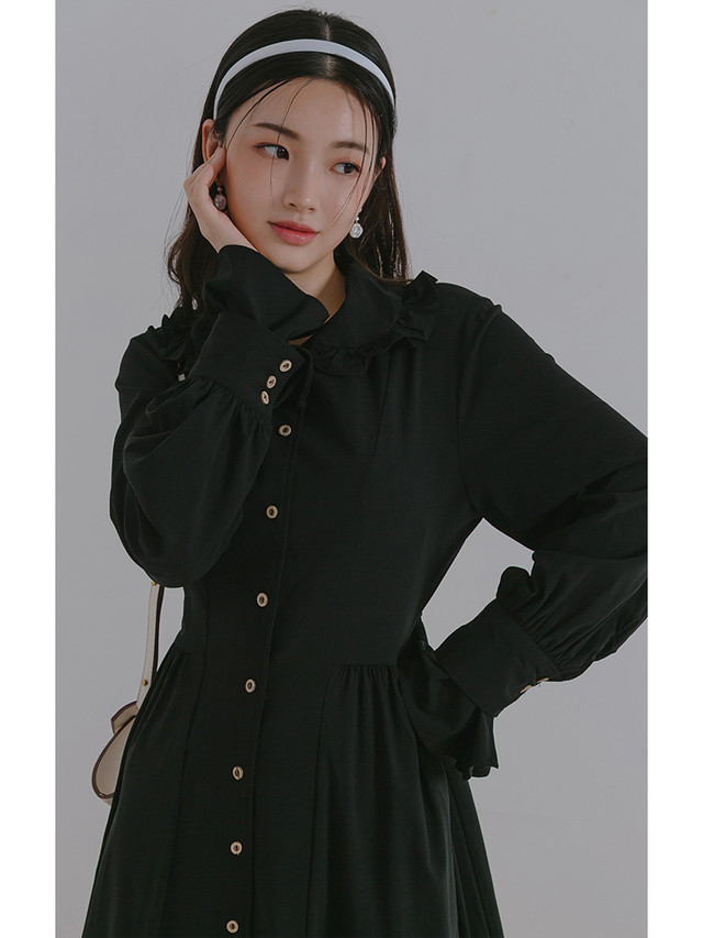 シャツワンピース ロングワンピース ミディアムワンピース フレアスカート フロントボタン フリル 長袖 シンプル 大人可愛い シック 上品 オシャレ お出かけ デート 人気 無地 ブラック 秋 冬 レディース 女性 つらら商店