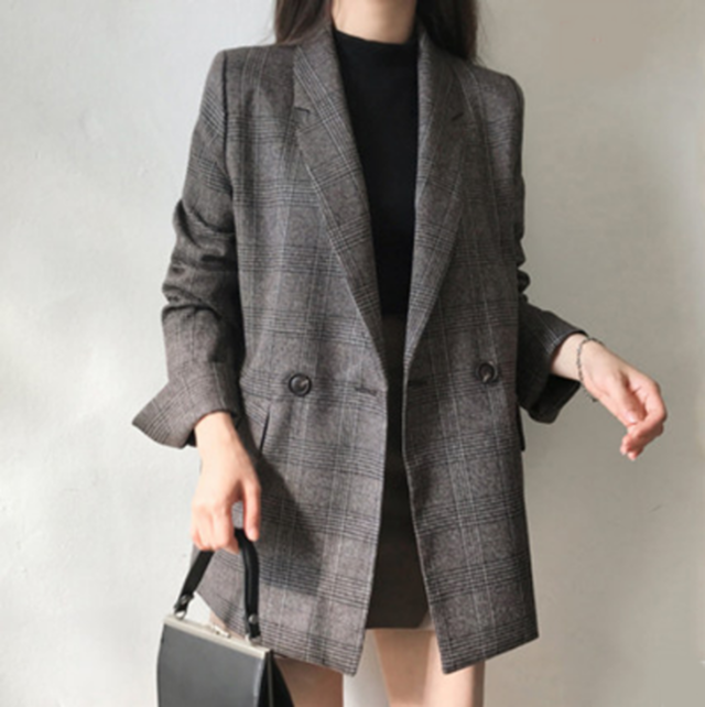 全2色 ジャケット レディース 春秋 チェック柄 アウター ゆったり テーラードジャケット カジュアル きれいめ 長袖 ブラック 黒 グレー チェック レトロ 大人 かっこいい きれいめ エレガント おしゃれ こなれ感 ダブル コート お出かけ 大きいサイズ Xl 代 30代 40代
