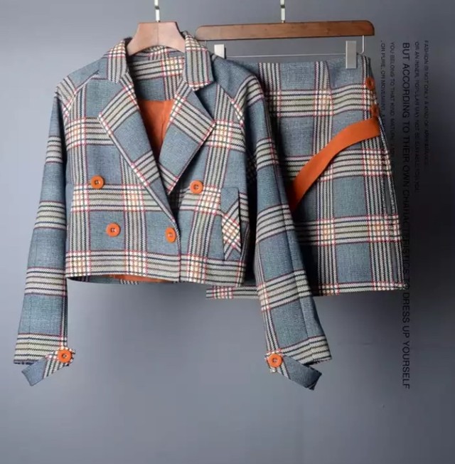 送料無料 オレンジライン チェック セットアップ スカート ジャケット 韓国 スーツ Mersea S Room 送料無料