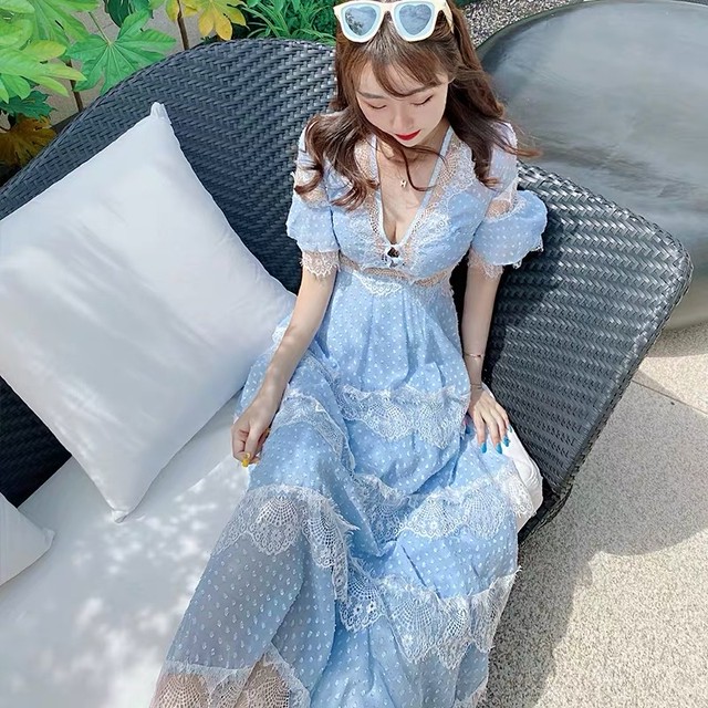 2カラー 水色 サマー レース ワンピース ドレス Loveysmileshop