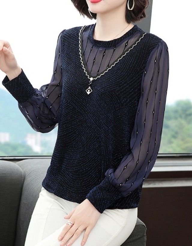 シャツ レディース ブラウス シャツ セーター ネイビー 長袖 透け感あり 着瘦せ 体型カバー おしゃれ カジュアル フォーマル 通勤 通学 Ol オフィス 入学式 入園式 卒業式 卒園式 日常 普段着 Goldayahiro