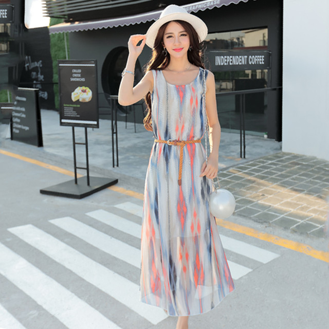 ワンピース 花柄 マルチパターン 幾何学柄 マルチカラー ノースリーブ ロング丈 ハイウエスト ウエストタイ フレア 大人可愛い エレガント 春コーデ 大人可愛い レディース シンプル 可愛い おでかけ デート 女子会 ウッディーベース1号店