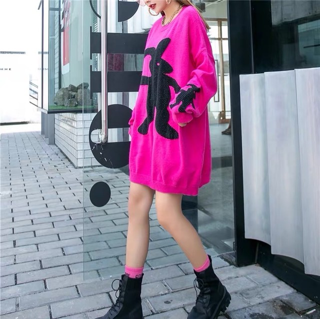 ピンク ニット ワンピース セーター ブラック 黒 うさぎ ラインストーン Loveysmileshop