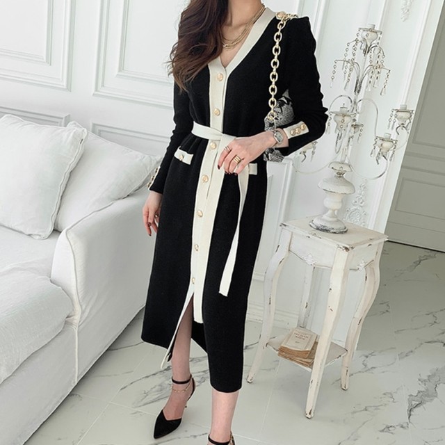 ワンピース 春 レディース セクシー 韓国 ファッション ニットワンピース 長袖 ライン バイカラー 金ボタン ロングワンピース ウエストマーク ボタンワンピース 春服 レディース カーディガン ワンピース 黒トリム 白 ニットワンピ Vestito