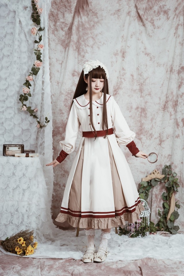 お取り寄せ商品 ワンピース 長袖 ロリィタ ロリータ 原宿 姫 レディース パフスリーブ レトロ 丸襟 フリル Candy Melts