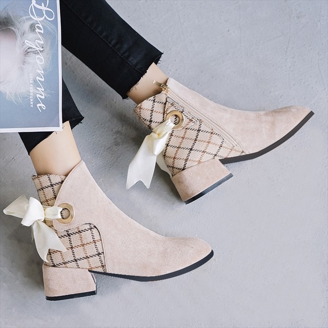 チェック柄 チェルシーブーツ バックリボン ショートブーツ チャンキーヒール 太ヒール マーチンブーツ お出かけ 可愛い カジュアル サイドジップ デイリー メンズライク レディース 10代 代 30代 Laff Store 会社情報 納期の確認をお願いします
