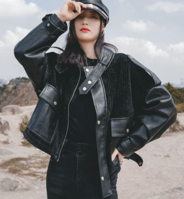 Imoshop Black Leather Jacket レザージャケット ハンサムスタイル ジャケット ブラック レザー オーバーサイズ ビッグシルエット レディース スタンドカラー 0123 高見え プチプラ 海外ファッション Imoshop