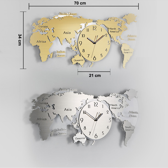 豪華な世界地図の壁時計モダンなデザインのリビングルーム3 D装飾エレガントな大型金属時計壁時計家の装飾45インチ Silver Braverybase