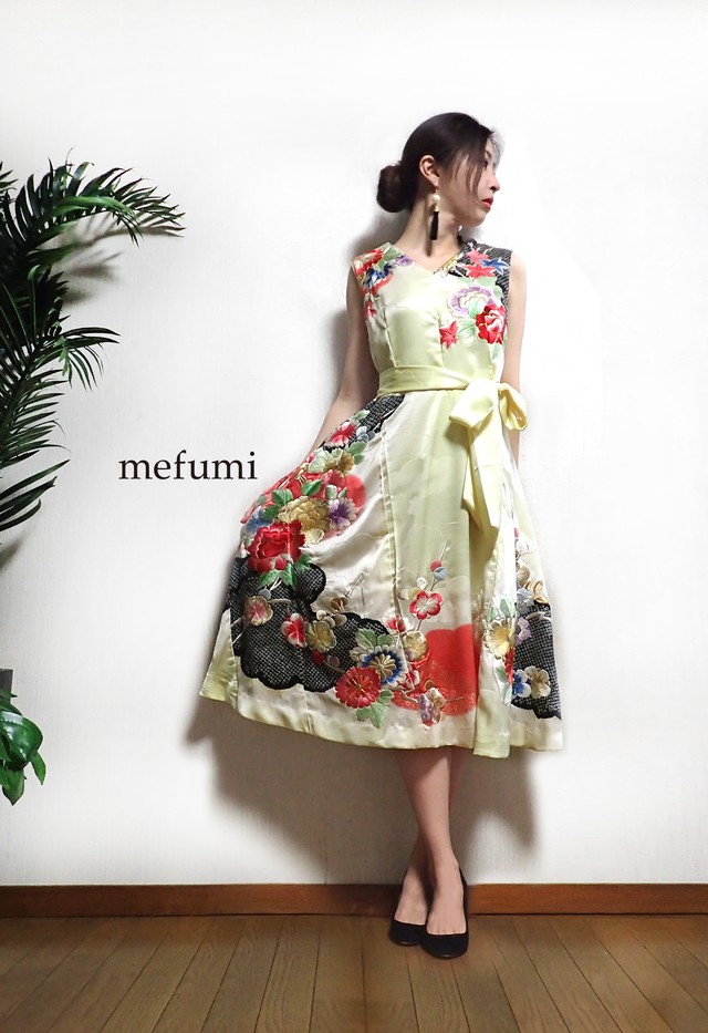 １点物 アンティーク 着物リメイク 花柄 フォーマルワンピース サイズ 9号 Mefumi