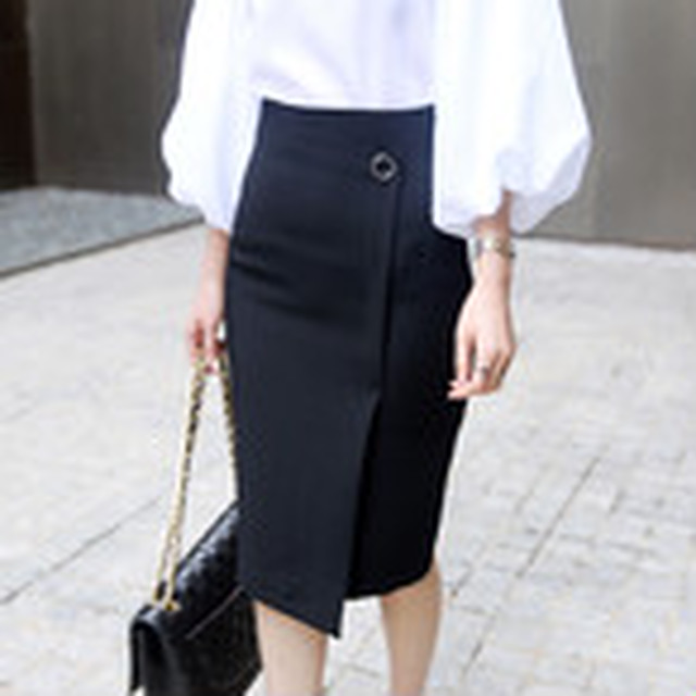 スカート ミモレ丈 ひざ丈 膝丈 タイト タイトスカート アシメスカート デート服 巻きスカート風 オフィス Ol ロングスカート ロング 大きいサイズ専門の韓国ファッション通販 Ellekorea