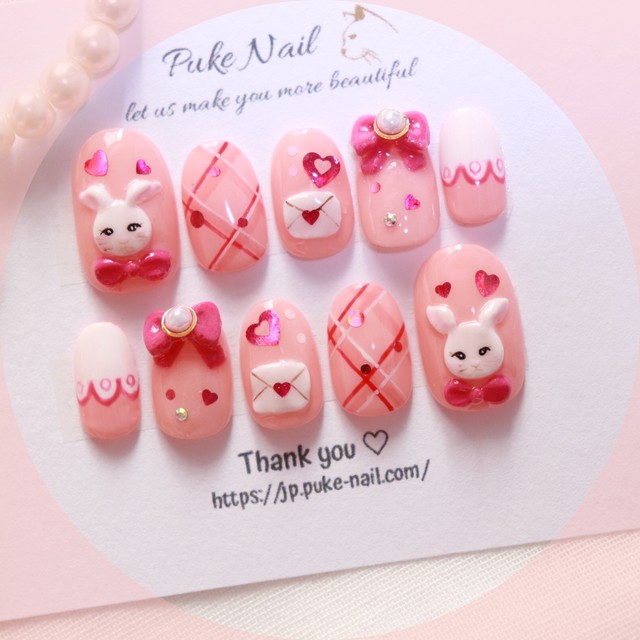 Pukeネイル No 396 うさぎちゃん 3dリボン チェック 可愛いネイルチップ ネイルチップ つけ爪 購入ならpuke Nail