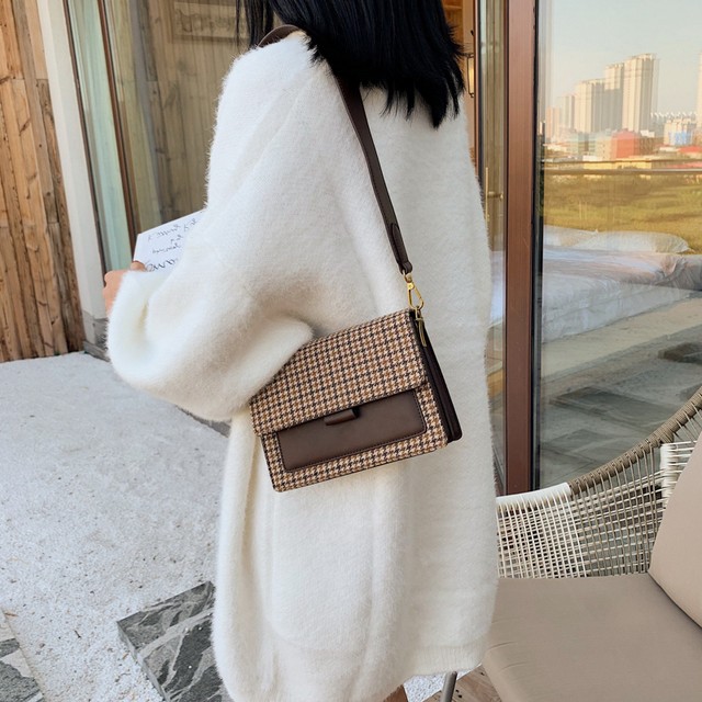 ショルダーバッグ ハンドバッグ スクエア レトロ 千鳥格子 可愛い レッド ブラウン ブラック キャメル 大人可愛い おしゃれ かわいい 韓国 韓国ファッション オルチャン オルチャンファッション P1158 Korean Select 韓国ファッション オルチャンファッション