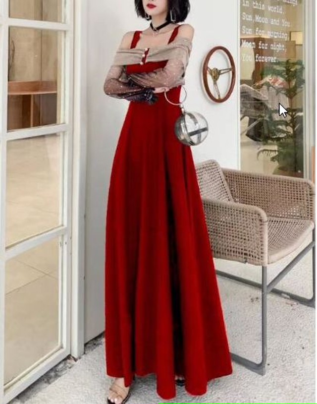 パーティードレス ワンピース レディース 40代 きれいめ 50代 代 およばれ 二次会 演奏会 長袖 黒 赤 バイカラー おしゃれ きれいめ 上品 大人 マキシ丈 ロング丈 春 夏 Dress No Sato