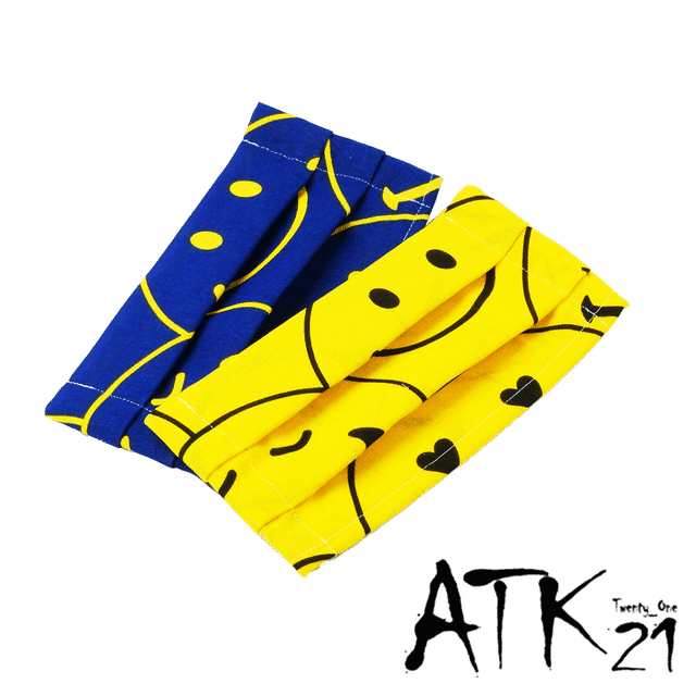 2枚セット プリーツタイプのハンドメイドマスク スマイルモチーフ にこちゃんマーク 手ぬぐい タオル 手作りマスク メンズ レディース 大人用マスク 花粉症 保湿 防寒 Msk0322 Atk21