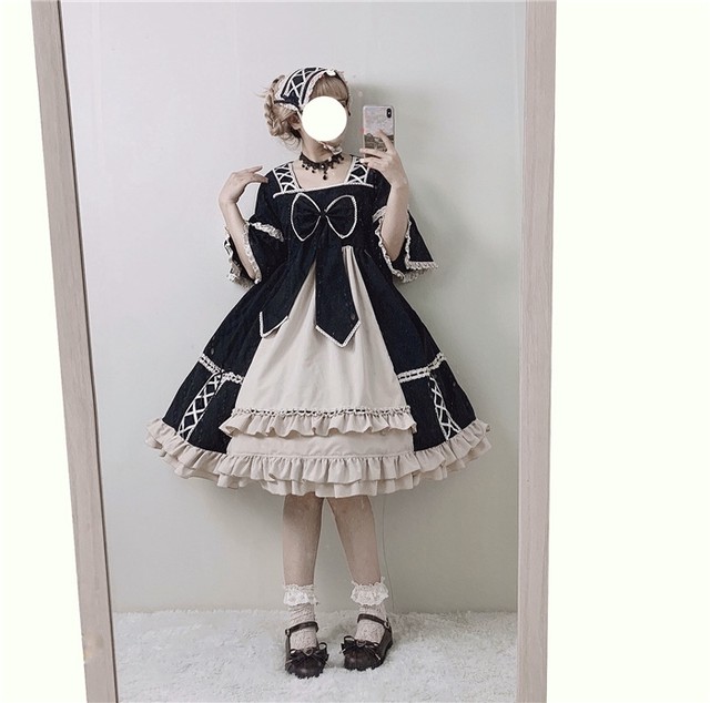 ゴスロリ ワンピース 姫ワンピ レトロ ゴシック調 フリル リボン ロリータドレス 原宿系 クロス編み 半袖 ブラック 病みかわいい 夢可愛い フェス モード系ファッション専門店 With U