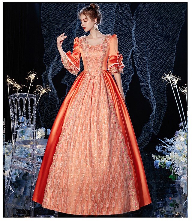 美品 パーティードレス オレンジ 光沢サテン フレアスカート プリンセスライン エレガント クラシカル 可愛い 憧れのドレス Ynswedding23