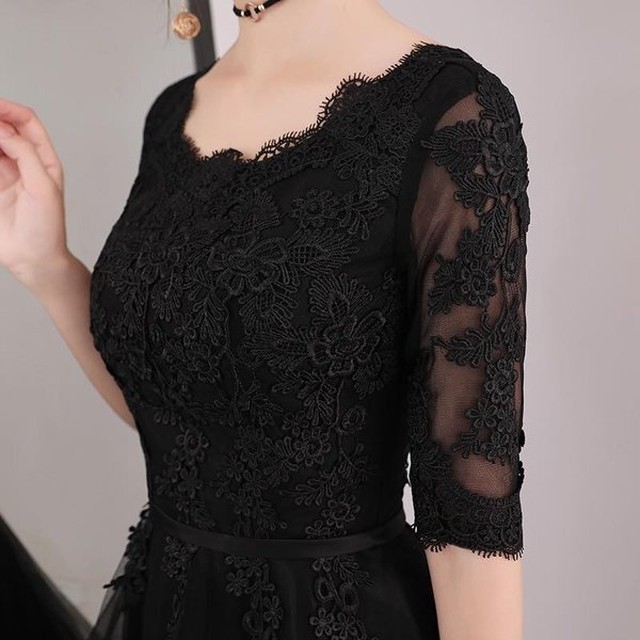 即発送 ドレス レディース 黒 結婚式 二次会 ワンピース ドレス 大人女子 エレガント ひざ丈 フィッシュテール 刺繍 ブラック Lovedoresu