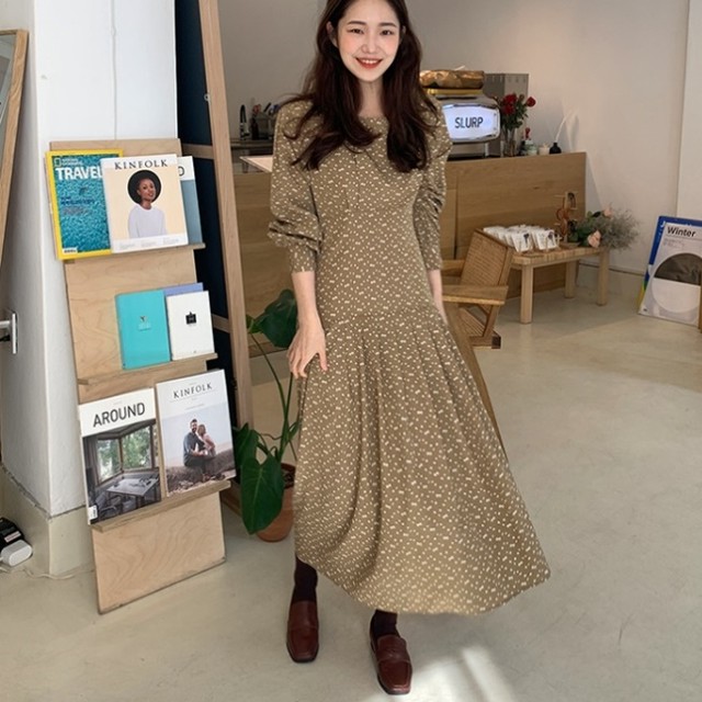 花柄 ロングワンピース 春服 レディース 韓国 ファッション 春物 ワンピース 長袖 フレアワンピース ロング 切り替え プリーツ クルーネック バルーン袖 ベージュ 小花柄 ワンピ 春 Vestito